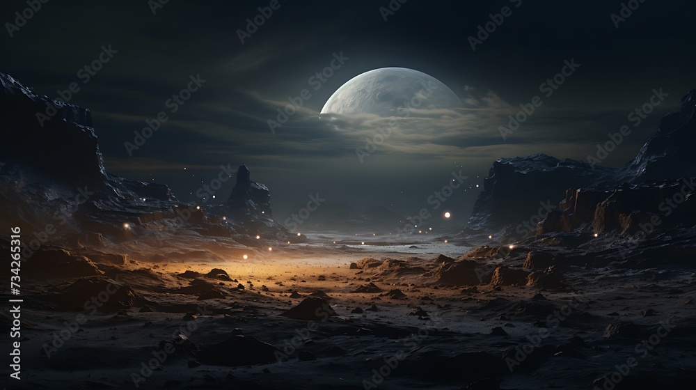 a surreal lunar landscape with craters and rugged terrain, bathed in the soft glow of moonlight, offering a unique perspective on the wonders of the natural world. - obrazy, fototapety, plakaty 