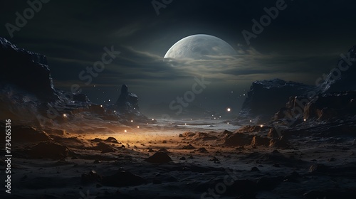 a surreal lunar landscape with craters and rugged terrain, bathed in the soft glow of moonlight, offering a unique perspective on the wonders of the natural world.