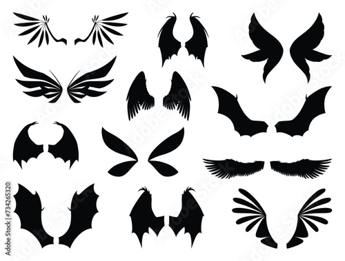 Cartoon wings of fairy creatures, fantasy characters and animals. Set of different wings pairs dragon, monster, butterfly, bird. Fantasy characters, cartoon vector illustration