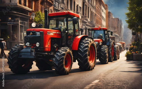 Many tractors blocking city streets and caused traffic jams in city