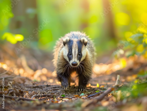 Badger roaming freely across forest floor.