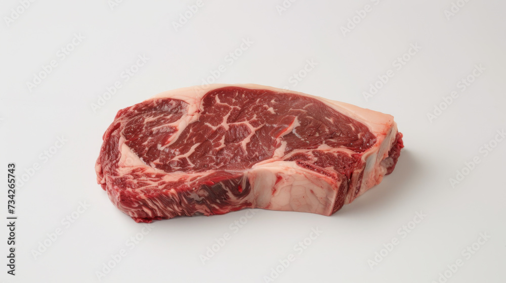 Fototapeta premium A close-up of a raw ribeye steak with marbling of fat, displayed on a white background.