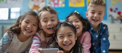 Portrait of a happy children multiracial group of friends taking a photo on class. AI generated