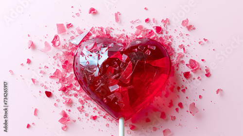 Conceptual image of a broken red heart on a soft pink backdrop.