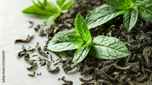 A pile of dried mint leaves with fresh mint sprigs on top, presented on a white background, often used as a culinary herb or in herbal teas.
