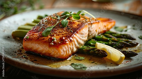 salmon fillet with a crispy skin, served with roasted asparagus spears and lemon