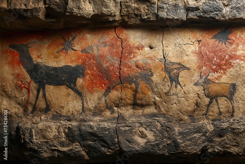A painting on a rock in a prehistoric cave showcasing various animals depicted with exquisite detail and rich colors. photo