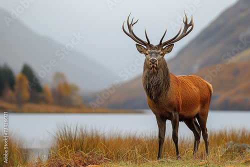 A red deer stands majestically on top of a grass-covered field  overlooking the hills above Lochcarron.