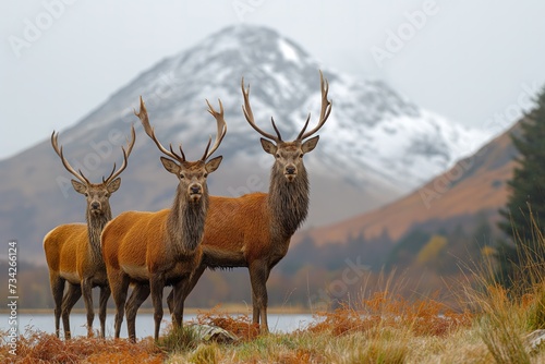 A group of deer standing on top of a grass-covered field, recalling the natural beauty of the hills above Lochcarron.
