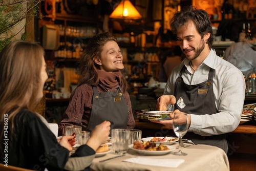 A couple of people sitting at a table while a waiter takes their orders.