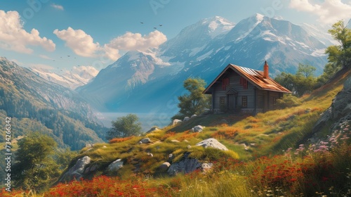  a painting of a house on a hill with a view of a mountain range and a bird flying over it.
