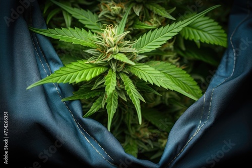 Cannabis plants with vibrant green leaves and buds against a silky blue background. photo