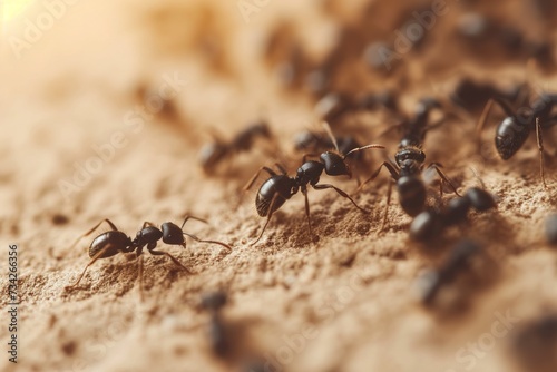 A group of ants can be seen walking in formation across a sandy ground. © Joaquin Corbalan