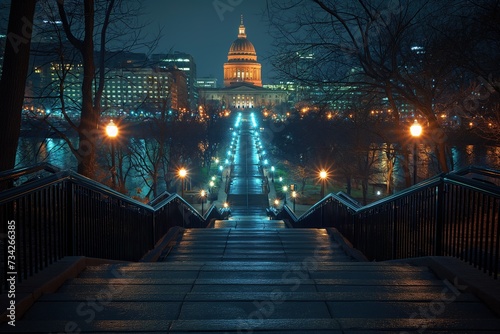 A brightly lit stairway ascends towards the grandeur of the Capitol building against a dark night sky.
