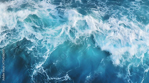 Spectacular aerial top view background photo of ocean sea water white wave splashing in the deep sea. Generated AI