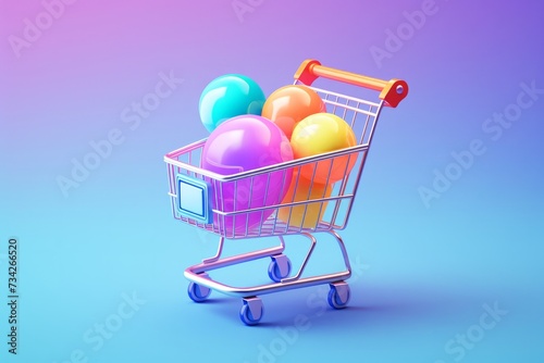 A Shopping Cart Filled With Colorful Balls on a Blue Background