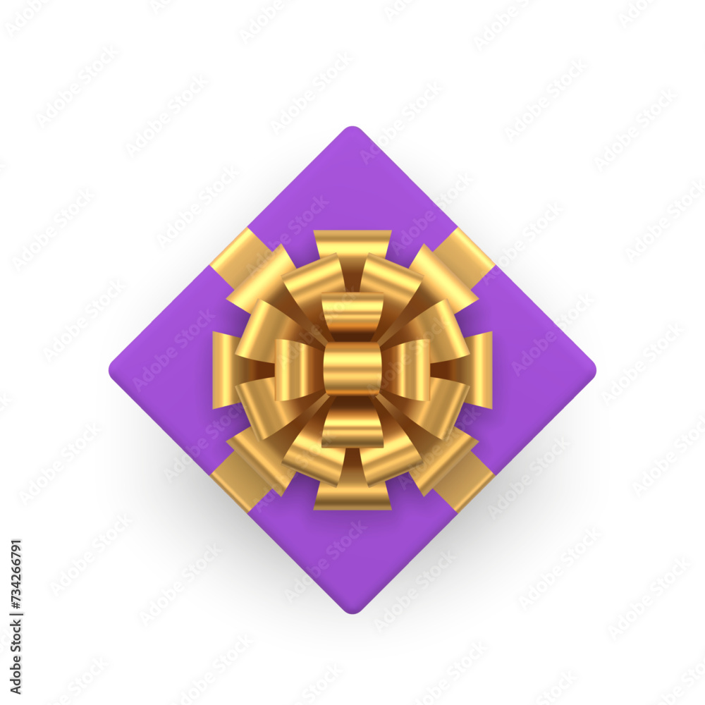 Fototapeta premium Purple luxury gift box with premium golden bow ribbon top view 3d icon realistic vector illustration
