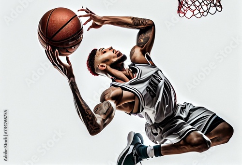 Basketball player dunking a Basketball ball in the hoop isolated on white background,PNG File. Generative AI © Ava