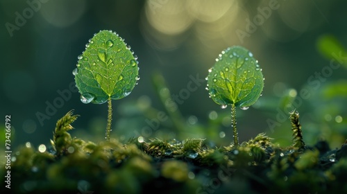  a close up of two green plants with drops of water on them, on a mossy surface, with a boke of sunlight in the background.