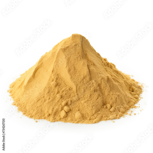 close up pile of finely dry organic fresh raw cassia powder isolated on white background. bright colored heaps of herbal, spice or seasoning recipes clipping path. selective focus photo