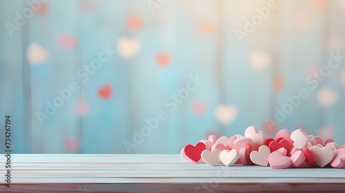 Valentines day themes background with empty pastel color wooden table for product display, copy space, hearts, and bokeh lights in the wood background. Generated AI