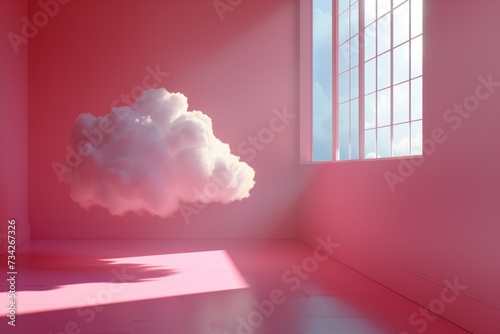 White cloud in isolated pink room with window. Cloudscape concept. photo