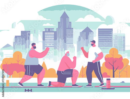 illustration of a group of people running in the park on a sunny day The fight against excess weight. Healthy lifestyle.