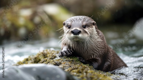  a close up of a wet otter in a body of water with a rock in the foreground and trees in the background. © Olga