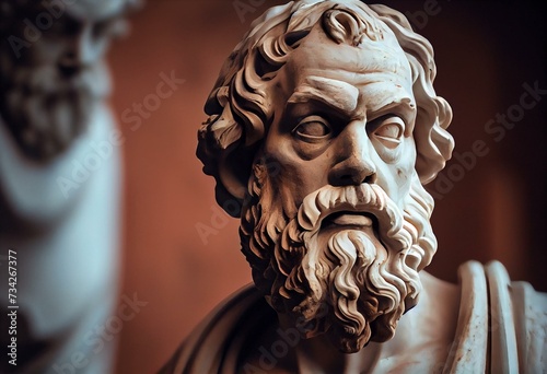 Socrates, the Greek philosopher, sited with a thoughtful expression, a marble statue. Cultural travel in Greece. Generative AI photo
