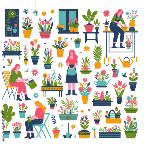 Seamless pattern with flowers and plants in pots. Flat vector illustration.