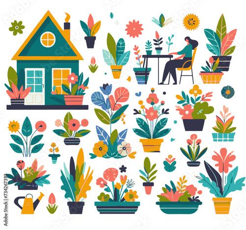 Vector set of house plants and flowers in pots. Illustration in flat style.