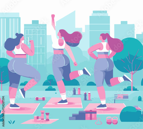 illustration of a group of girls engaged in fitness in the park The fight against excess weight. Healthy lifestyle.