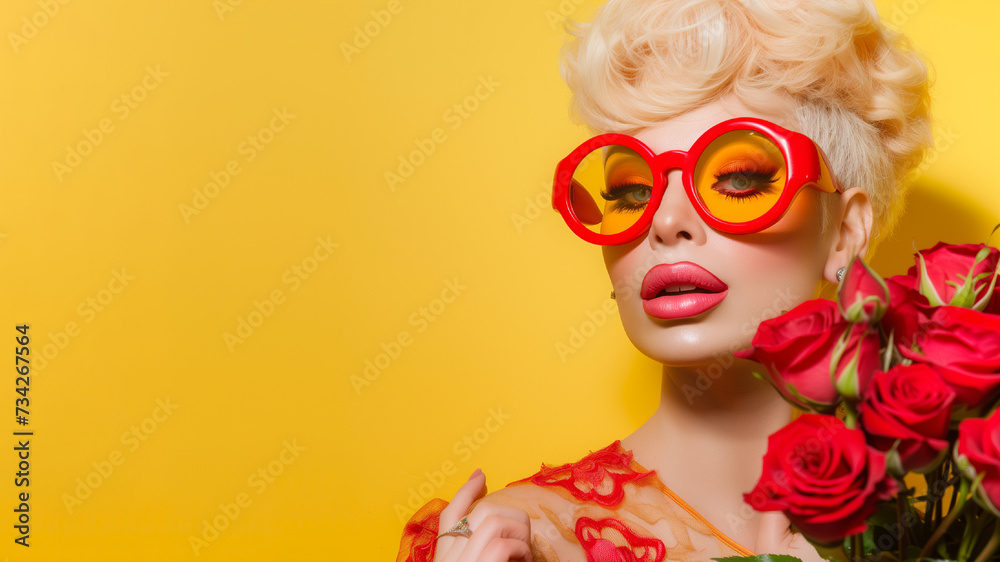 Drag Queen with punk hair and red sunglasses with a bouquet of roses on a yellow background. man in a female form.