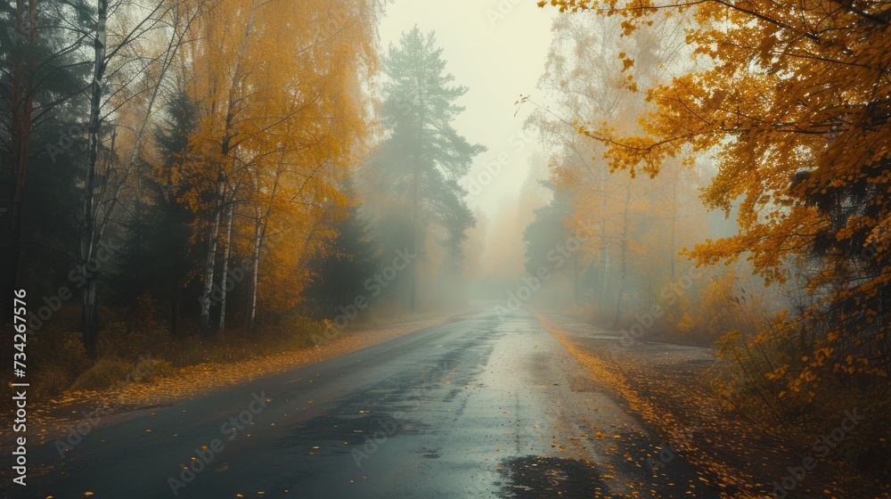  a foggy road in the middle of a forest with lots of trees and leaves on the side of the road.