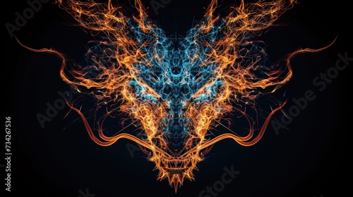 Close-up view of the head of a dragon made from fire and lights.