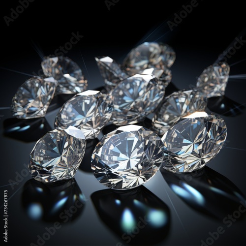 Exquisite sparkling diamonds glistening in sunrays, scattered on a striking gray background