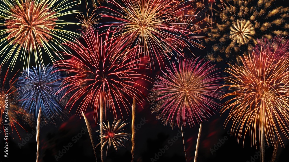 Fototapeta premium Beautiful fireworks show to celebrate Chinese lunar new year. Abstract over black background.