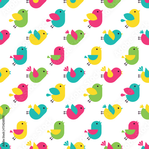 Bright background with colorful little flying and singing birds. Simple childish seamless pattern with funny happy birdies. Texture for wallpaper, textile, fabric, home decor