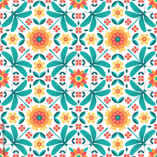 Spring nature background with dragonfly and flowers. Floral geometric seamless pattern with dragonflies. Texture for wallpaper, textile, fabric, packaging, home decor