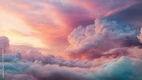 Scenic view of the evening sky above clouds at sunset time. Generative AI Video. ProRes HQ 59.94 FPS available in 4K 16:9.
