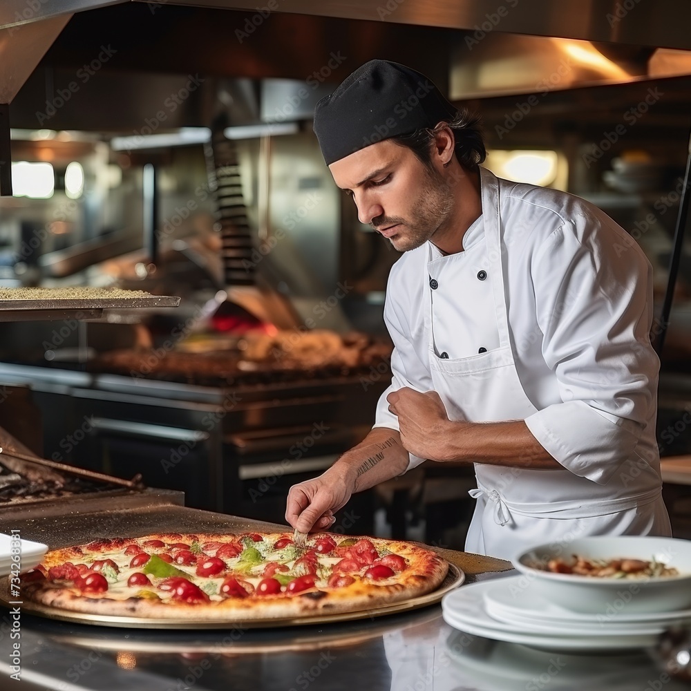 Experienced chef preparing delicious pizza in the contemporary restaurants cutting-edge kitchen