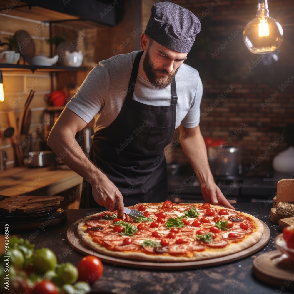 Experienced professional chef skillfully preparing delicious pizza in modern kitchen restaurant