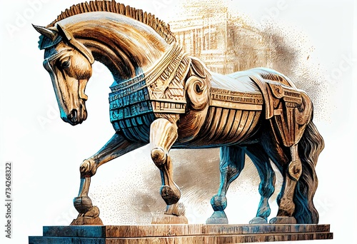 Trojan horse color sketch engraving PNG illustration with transparent background. Generative AI