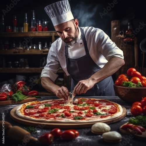 Skilled chef crafting delicious pizza in a modern kitchen restaurant with sleek design