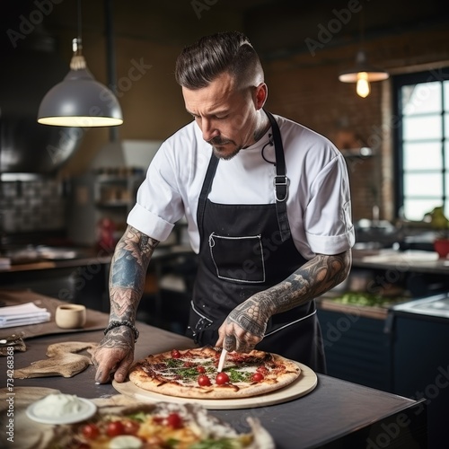 Mastery at work. expert chef crafting delectable pizza in a contemporary restaurant kitchen