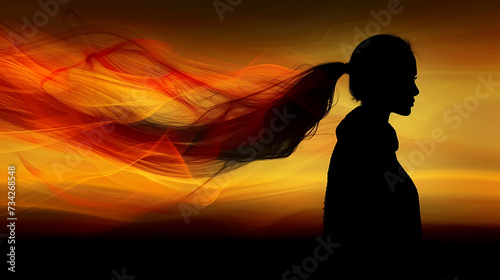 A woman silhouetted against an orange and red background, in the style of ethereal abstract, wavy, dark fantasy, smokey background 