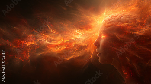 Image of a woman's head with a fire in it, dynamic energy flow, realistic depiction of light, red and orange, magewave, psychological phenomena illustrations