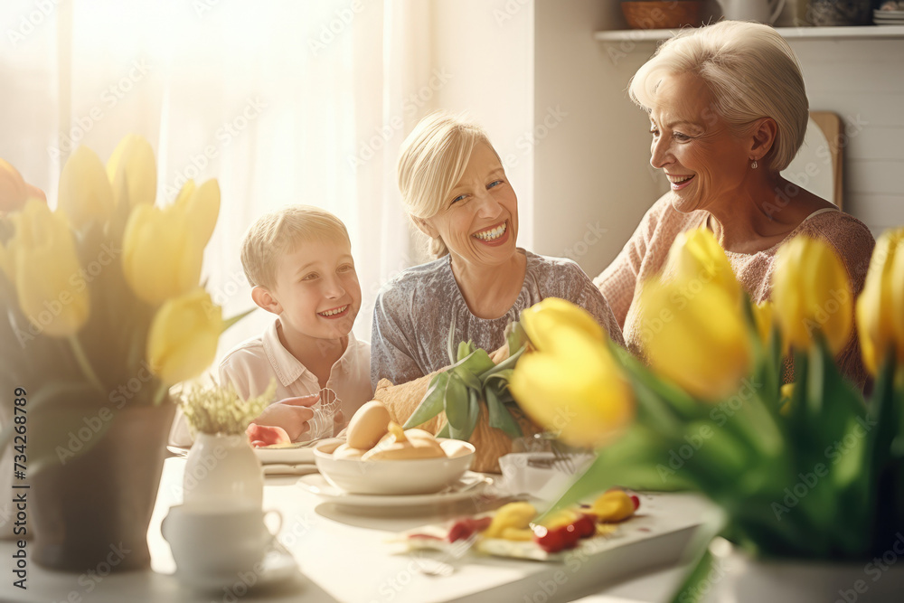 Caucasian family grandmother, mother and son having breakfast lunch together. Spring time, easter, light kitchen dinning room full of day sun rays. Bouquet tulips, happy festive atmosphere Copy space - obrazy, fototapety, plakaty 