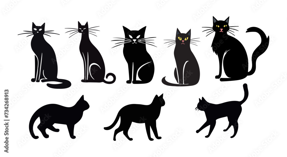 Set of silhouettes cats, domestic animal cartoon in different poses 