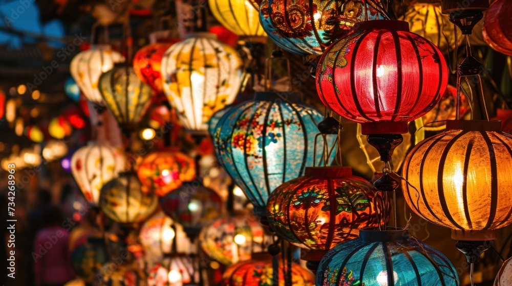 Beautiful vintage lanterns in street to celebrate Chinese lunar new year. - obrazy, fototapety, plakaty 